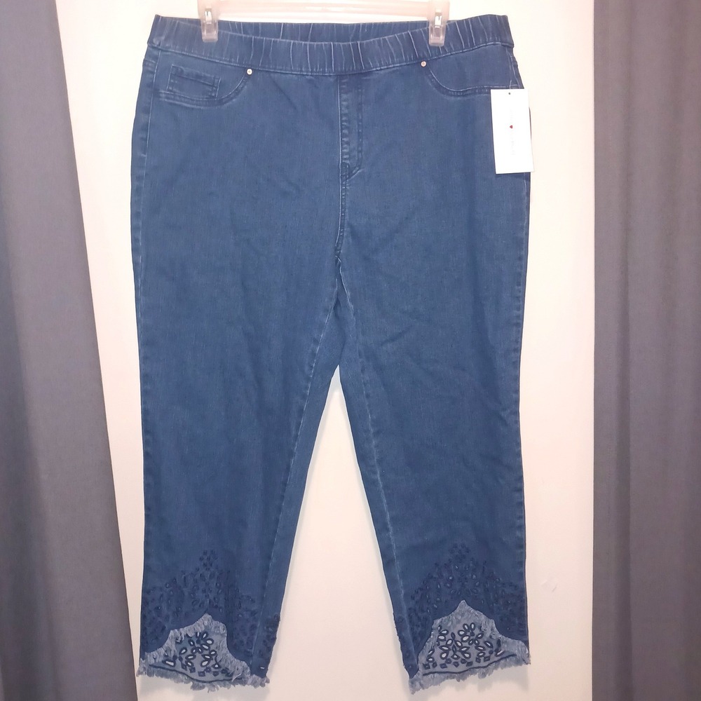 Boho Intro Love The Fit Blue Stretch Eyelet Scalloped hem Crop Jeans Pants 18W